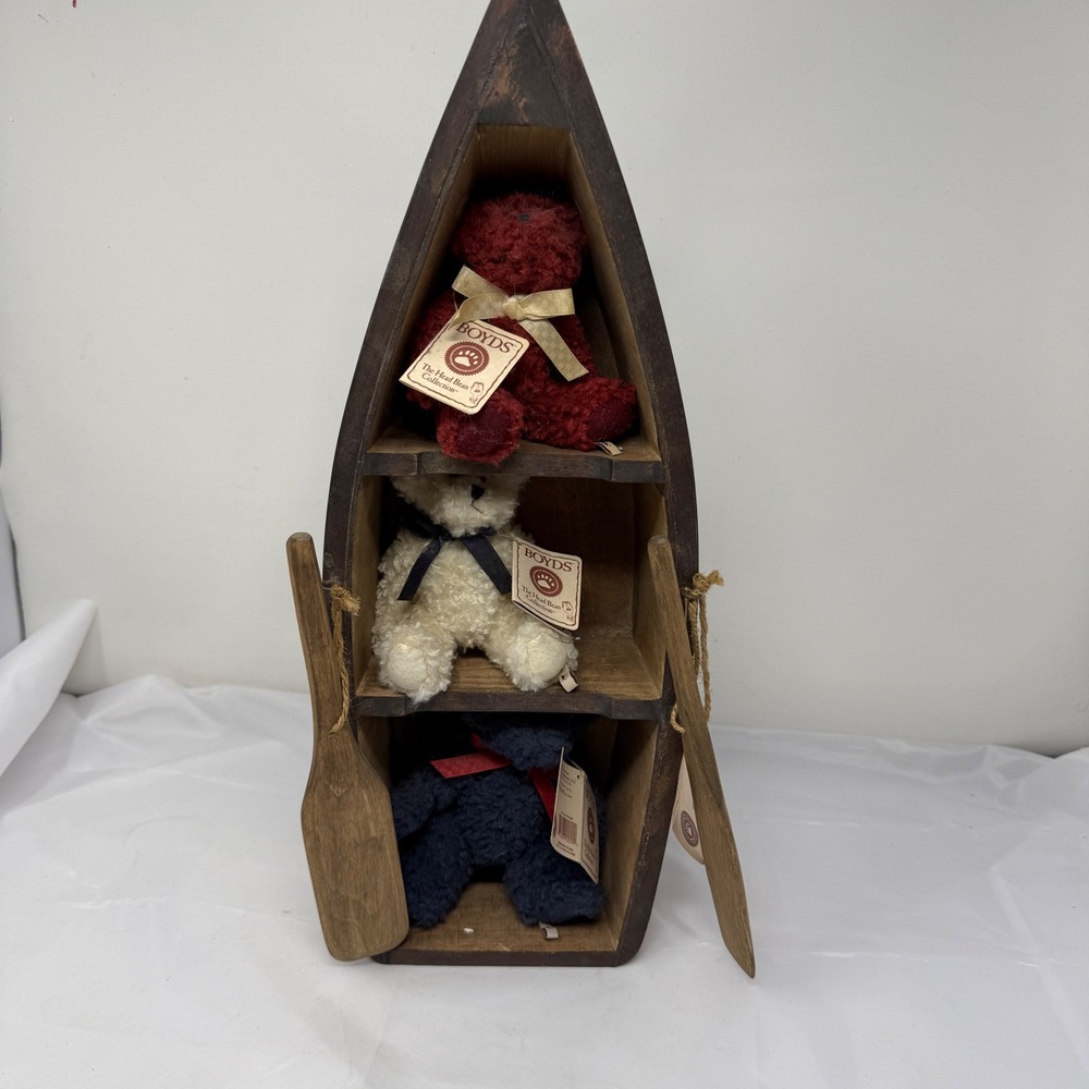 VTG Boyds Bears Head Bean Collection Americana Wooden Boat Shelf with 3 Bears